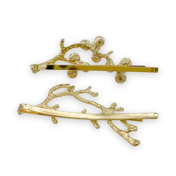 2 Gold Branch Hair Pins with pearl and rhinestone embellishment - Picture 2 of 2
